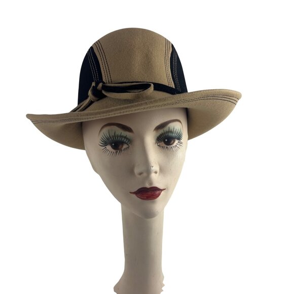 Vintage 60s Mod Fedora Womens Nadelle Beige Black Colorblock Furfelt Hat main image 10